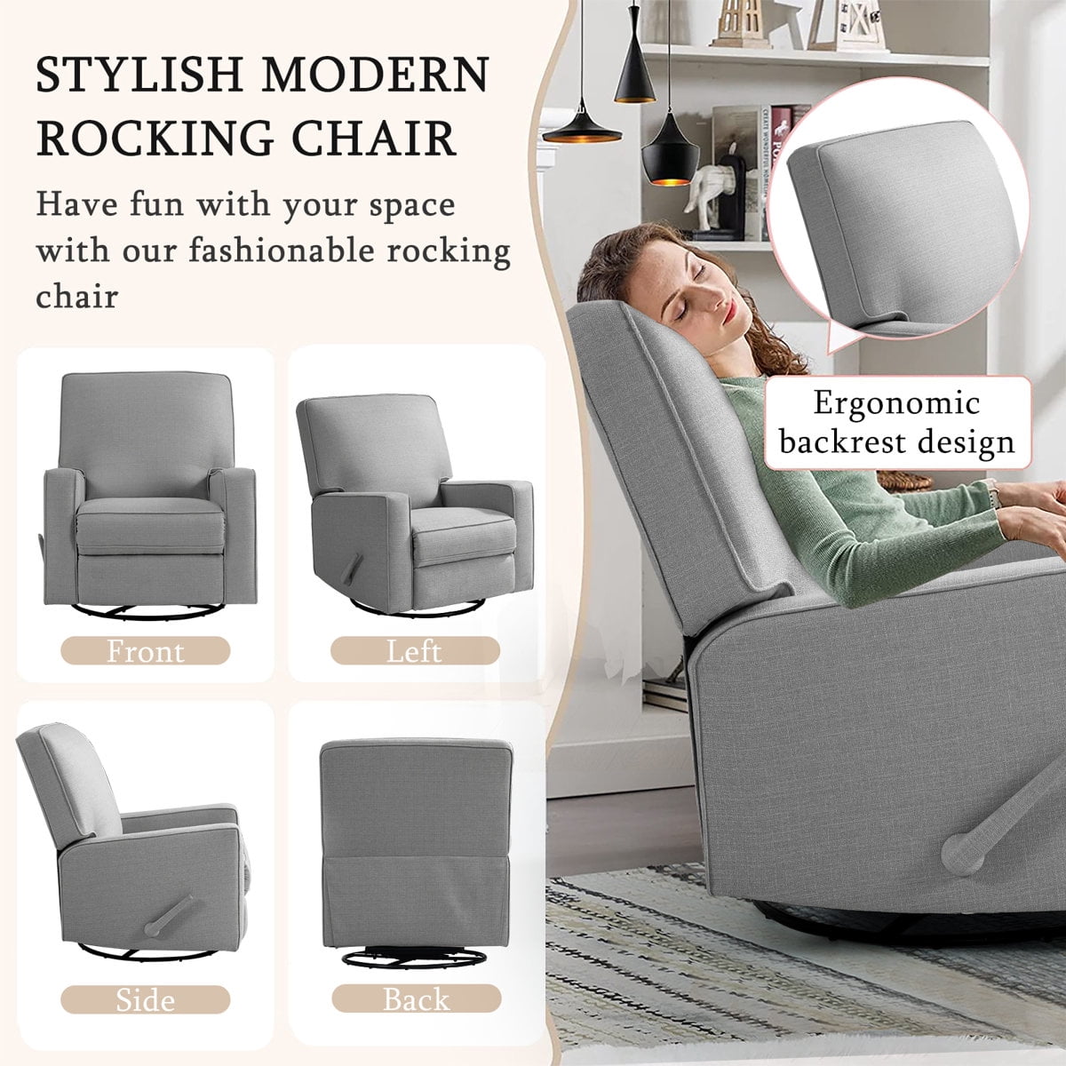 360° Swivel Rocker Recliner , Glider Rocker Recliner, Rocking Chairs for Nursery, Linen Fabric Chair with High Back, Deep Seat, for Living Room, Bedroom, Grey