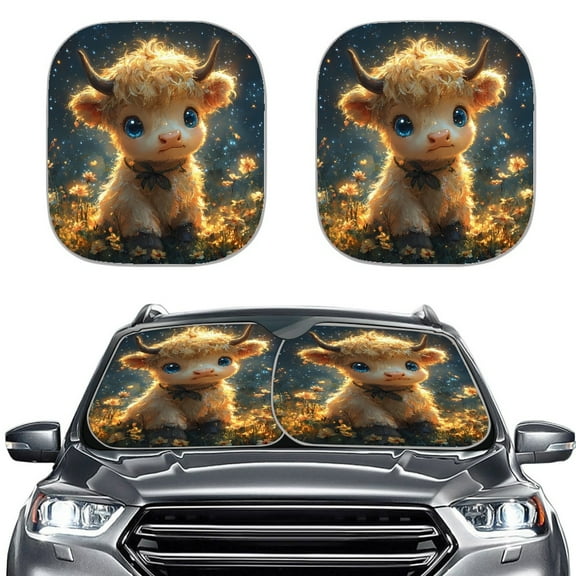 Yuyamidu Highland Cow Car Sun Shade Accessories 2pcs Cute Car Front Window Sun Shield Universal Windshield Cover for Truck Auto SUV, Reflective Blocks Heat and Sun