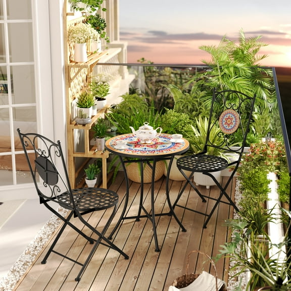Harriet Mosaic 3 Piece Outdoor Patio Chat Set, Ceramic Tile Accent, Metal Frame, Black Red