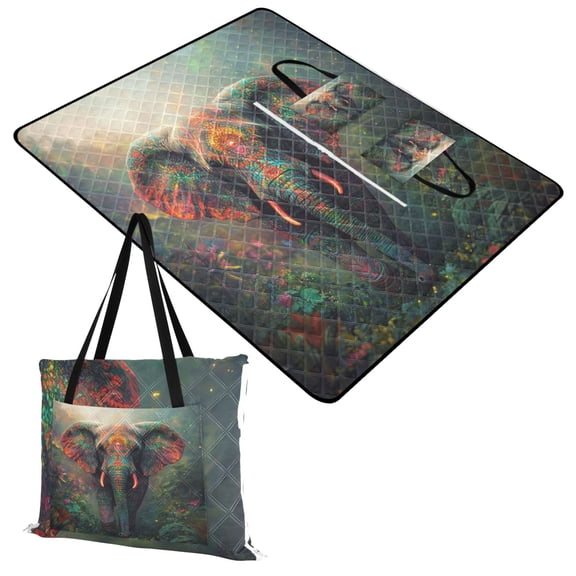 Extra Large Picnic Beach Blanket Waterproof Sand Proof Portable Outdoor Mat Vibrant Elephant in Forest 60x80