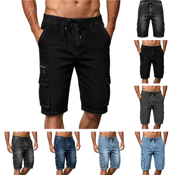 Men's Denim Shorts Ndbuld Men Casual Fashion Solid Shorts With Multi-pocket Elastic Waist Cargo Pants Short Pants Black,XXL