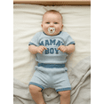 thumbnail image 4 of BemeyourBBs Infant Baby Boy Mama's Boy Outfit Newborn Boys Summer Clothes Waffle Knit Stripe Letter Embroidery Short Sleeve Romper Elastic Waist Shorts 2 Piece Set, 4 of 9