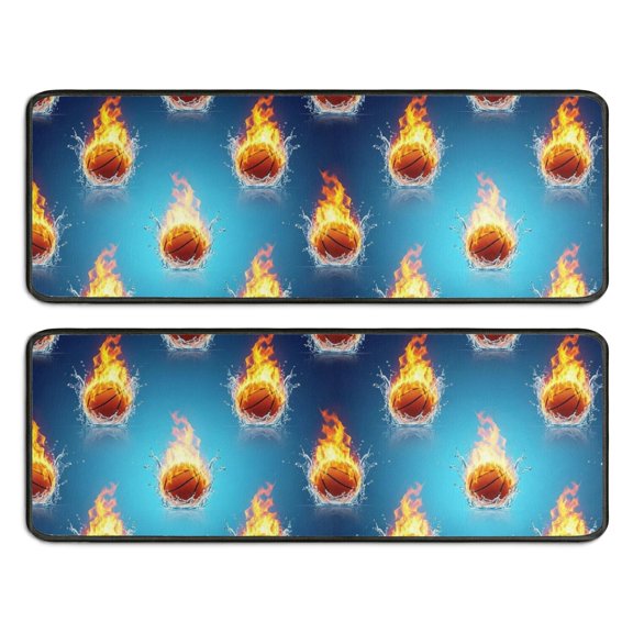 Basketball and Fire Blue Pattern Anti Fatigue Kitchen Rugs Set Of 2, Non Slip Washable Decorative Floor Mats for Sink Laundry and Home Use, 17"x47"