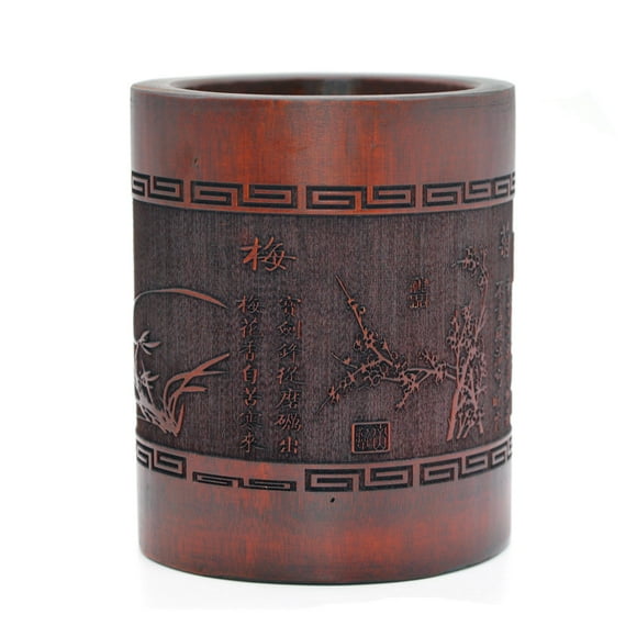 Medifier Vintage Chino Bambú Madera Escritorio Pluma Lápiz Portavasos (Ciruelo Flores Orquídea Bambú Y Crisantemo)