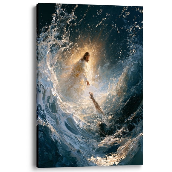 Wallume Store Jesus Reaching Into Water Canvas Wall Art Christ Ocean Wave decor for Living Room 12x8 inch