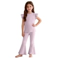 thumbnail image 4 of qucoqpe Toddler Little Girls Cute Trendy 2-Piece Outfit Set Summer Sleeveless Solid Color Soft Ruffle Sleeve Hems Flared Trousers Pleated Top and Pant Comfy Homewear Set Kids, 4 of 7