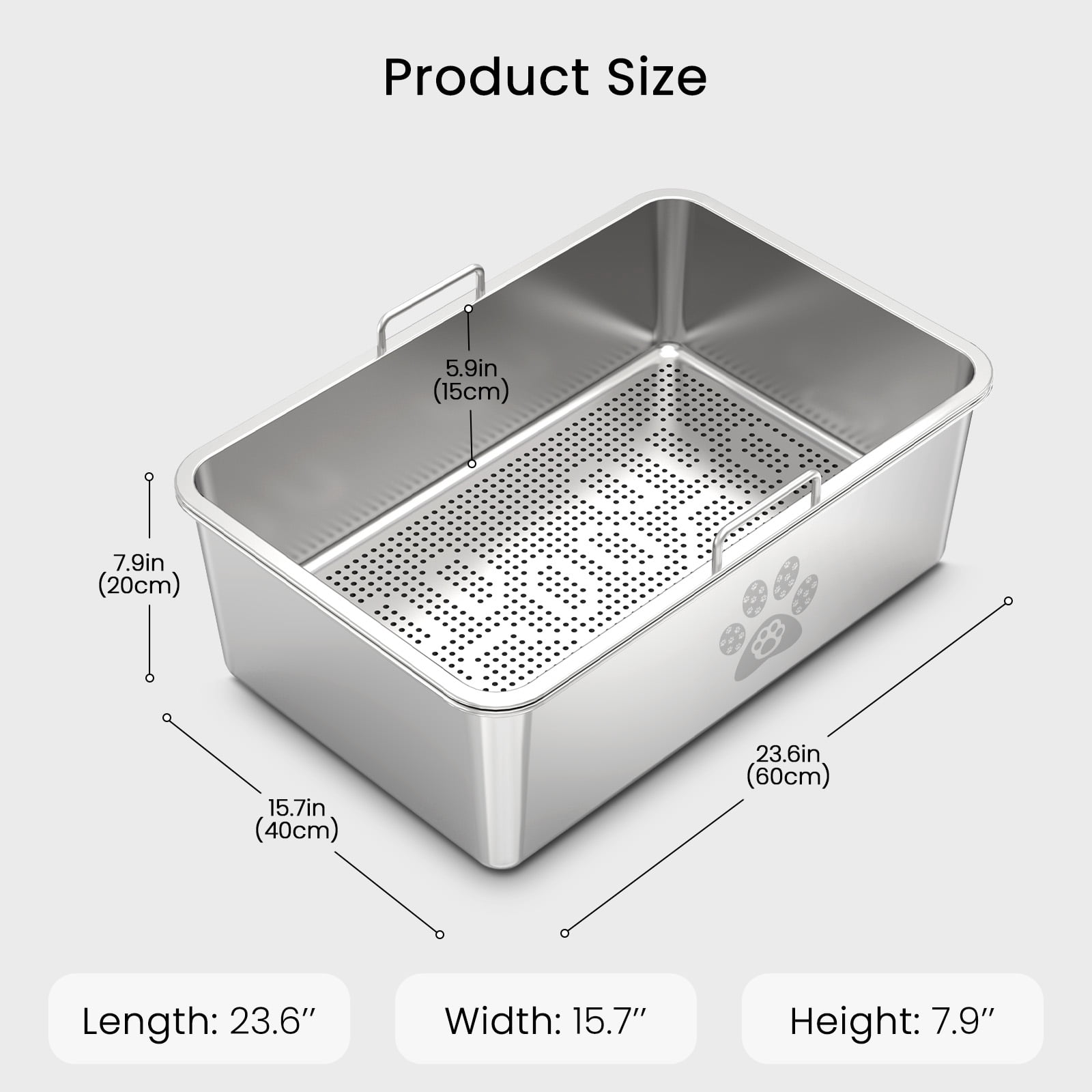 Ptlom Stainless Steel Sifting Litter Box for Pine Pellets 23.6" x 15.7" x 7.9", Extra Large Metal Litter Pan with Sifter