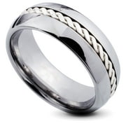 Tungsten Wedding Band Ring 8mm Men's Engagement Silver with Sterling Silver Braided Inlay Dome Edges