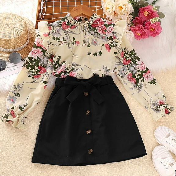 Yidarton 2022 girls spring and autumn new floral print shirt black skirt half skirt suit children's clothing Korean version of the shirt half skirt Beige 9Y