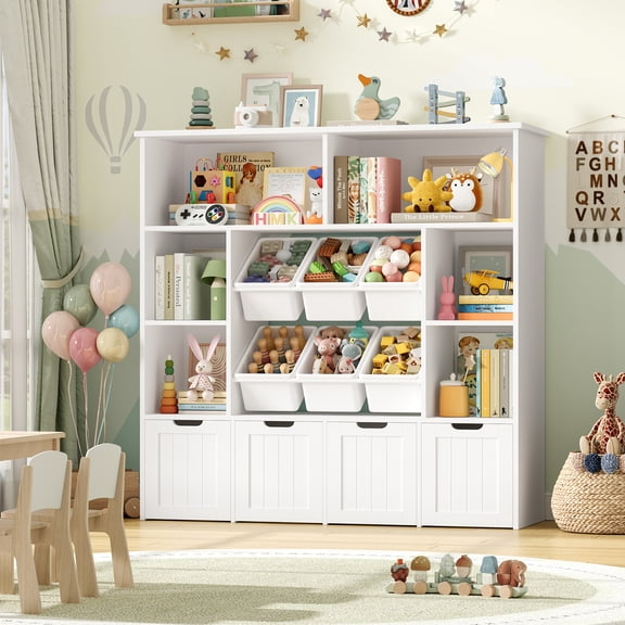 Hiphuta Large 4 Tier Kids Bookcase, Wood Toy Organizer of 6 Boxes & 4 Removable Drawers, Bookshelf for Kids Room Classroom, White
