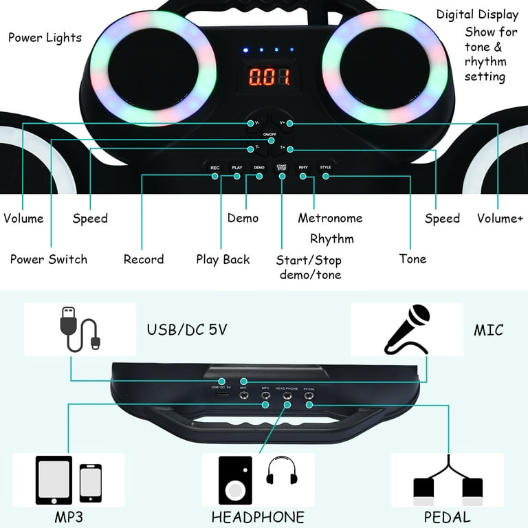 Costway Electronic Roll Up Drum Set 9 Pads MIDI Drum w/ Speaker Headphone &  LED Lights 