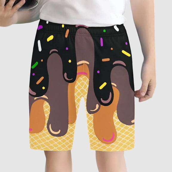 Summer Children's Boys' Stretch Waist Colorful Ice Cute Pattern Casual Baseball Shorts Five Pair Pants 2025 NEW Boys Shorts Black 13-14 Years