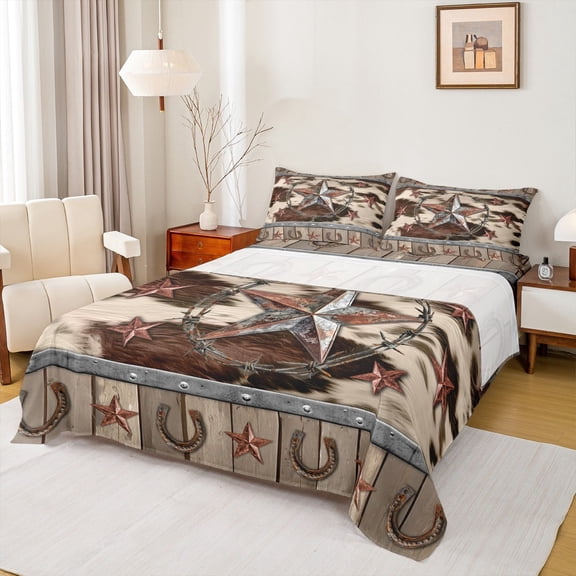 Manfei Western Texas Stars Bed Sheets Twin, Brown Cow Print Twin Sheet Sets, Horse Shose Bedding Sets Twin Size, Microfiber Bedroom Decoration, 3pcs
