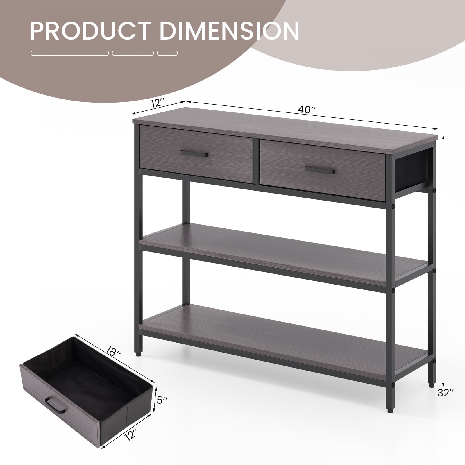 Giantex 3-Tier Entryway Table, Sofa Side Table w/2 Large Drawers & Anti-toppling Device, Console Table w/Metal Frame