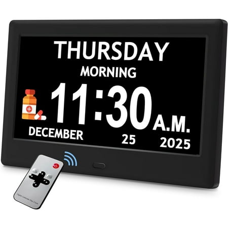 7'' Dementia Clock For Seniors, Large Display Digital Clock With Date, Time, Day Of Week for Elderly, Memory Loss, Alzheimer, 1024*600P HD, 10 Reminders & 6 Alarms, Auto Dimming & DST, Remote Control