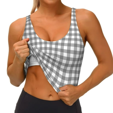 Qokaie Gray Checkboard Pattern Womens Scoop Neck Sports Bra Breathable Workout Vest Padded U Back Medium Impact Fitness Gym Yoga Bra Workout Crop Top