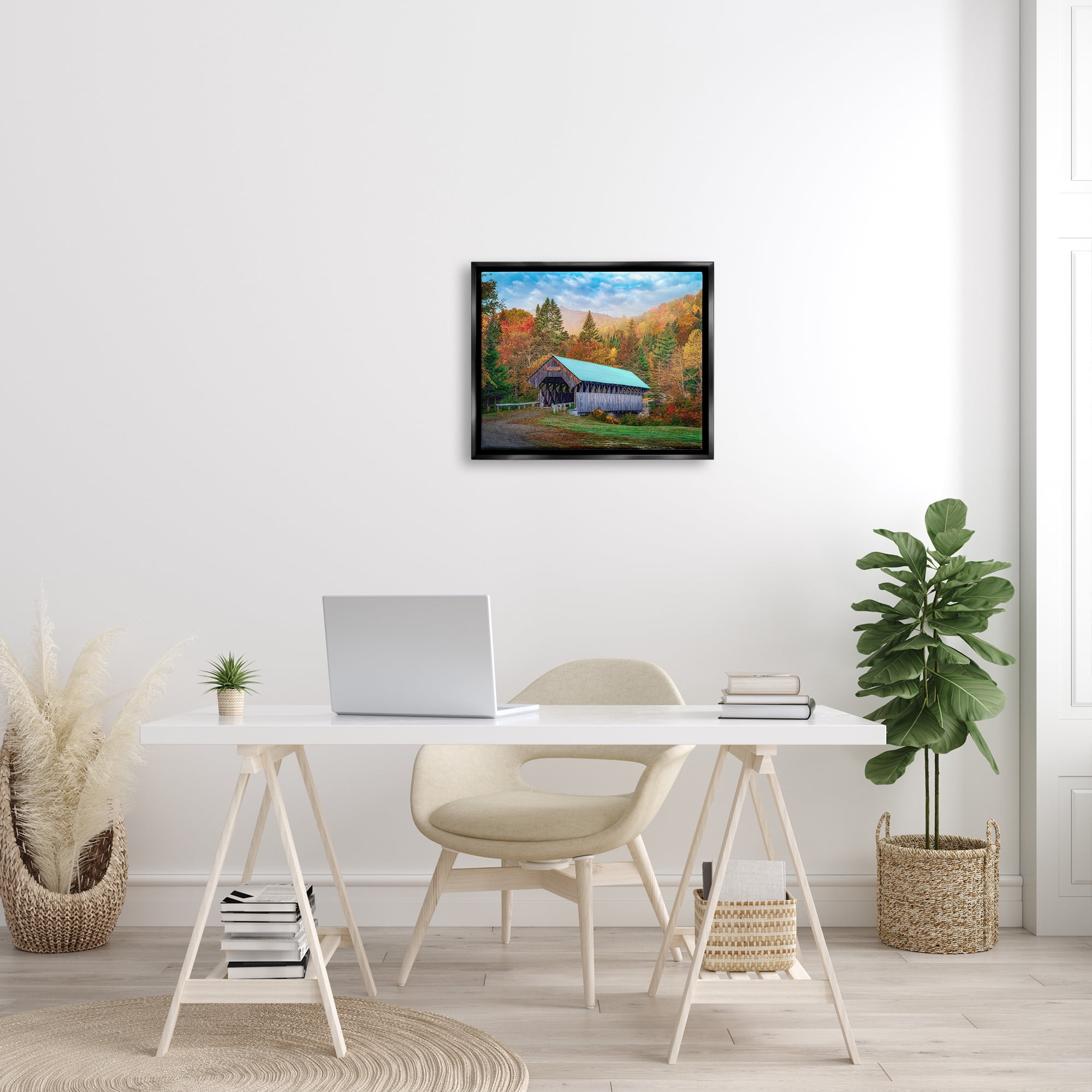 Stupell Woodland Covered Bridge Mountain Foliage Landscape Photography Black Floater Framed Art Print Wall Art