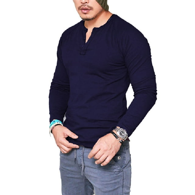 MAWCLOS Men Summer Tops Solid Color Blouse Plain T Shirts Basic Sport Long Sleeve T-shirt Navy Blue XXL