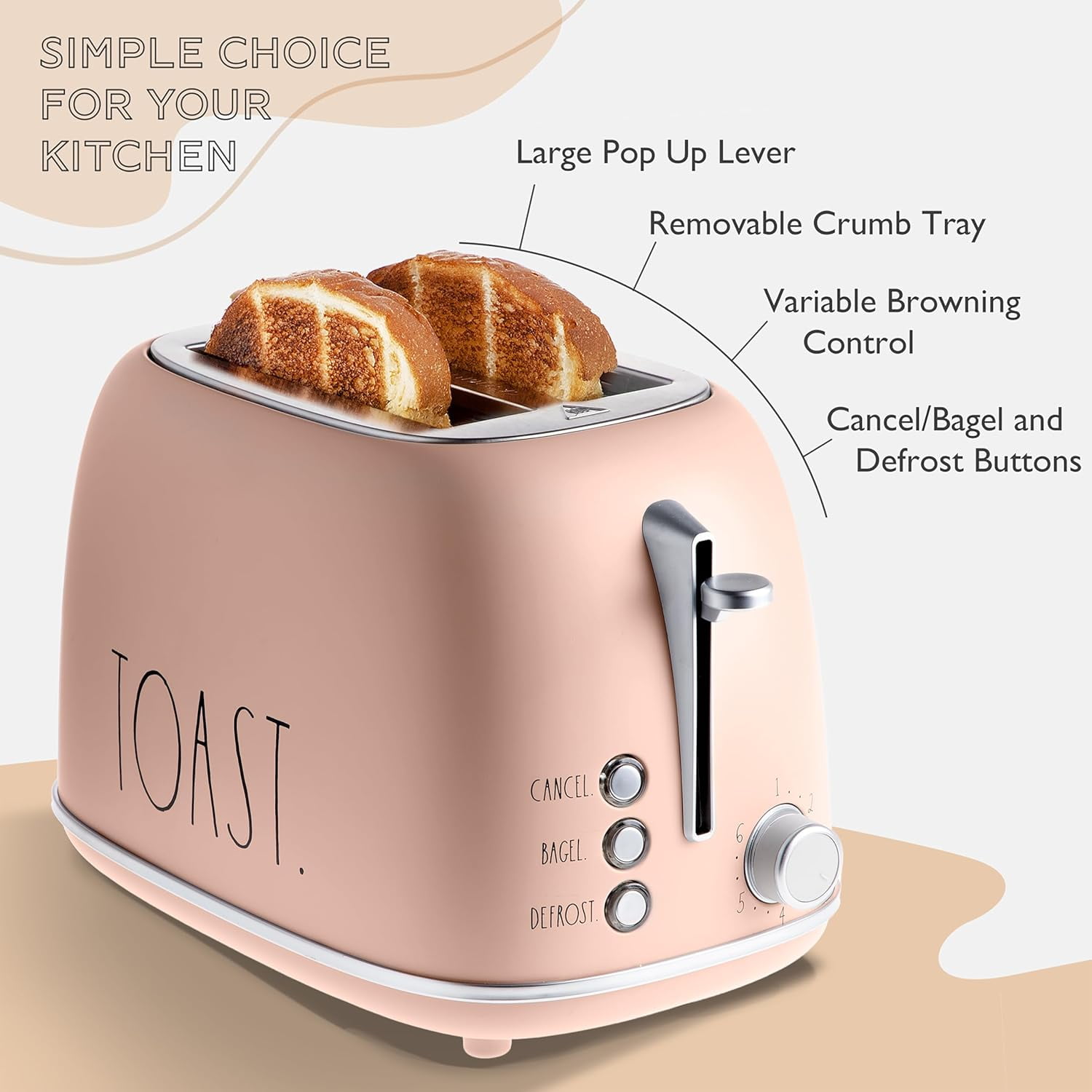 COOK WITH COLOR Retro Rounded 2 Slice Toaster, Stainless Steel Toaster with Wide Slots and 6 Browning Levels, Blush
