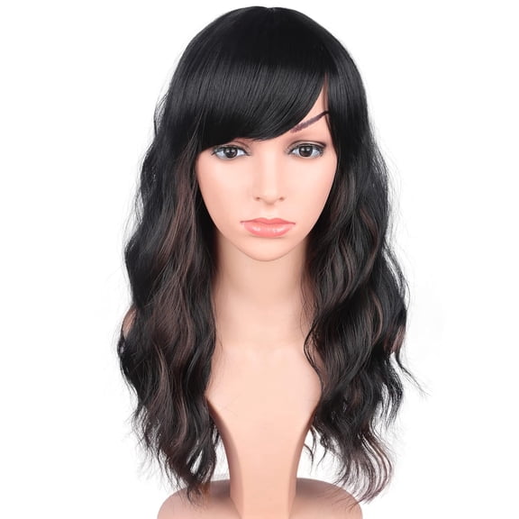 Black Wavy Wig With Brown Highlights For Women - Medium Long Synthetic Wig With Bangs For Daily Use (Black With Brown Highlights)
