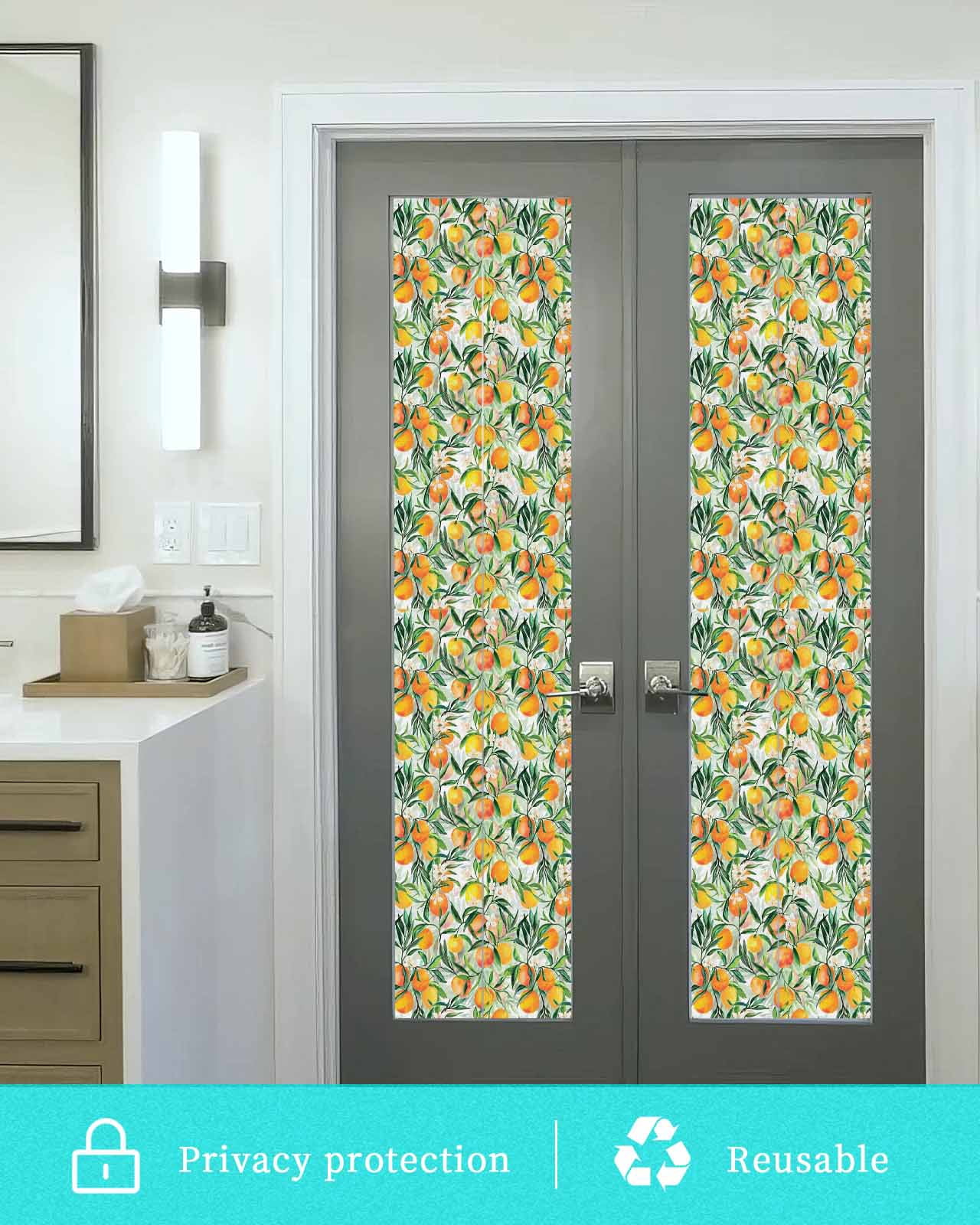 Window Privacy Film Summer Orange Stained Glass Window Film Decorative Sun Block Window Cover Pastoral Fruit Botanical Flowers Window Clings Static Adhesive Sticker for Bathroom 23.6"x78.7"