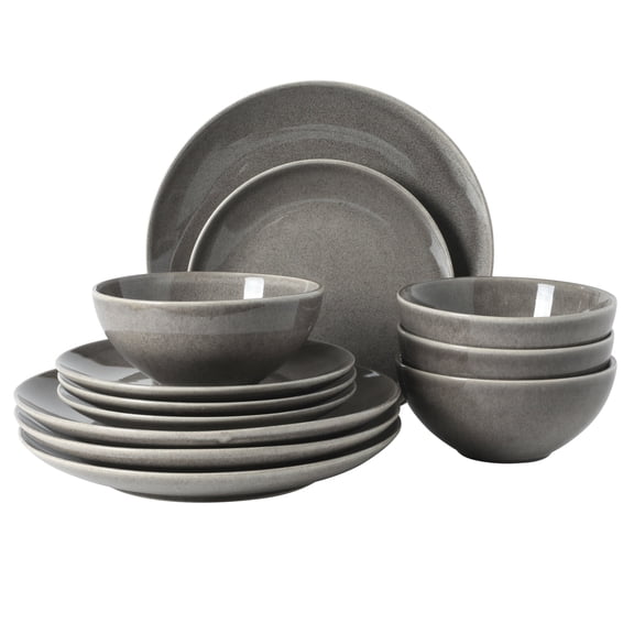 Gibson Elite Castle Peak Plates and Bowls Set, 12-Piece Dinnerware Set, Grey Reactive Glaze Stoneware Dishes, Dinner Plates, Salad Plates & Cereal Bowls