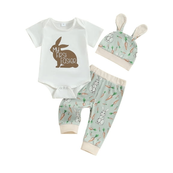 Baby Boy My First Easter Outfit Short Sleeve Rabbit Print Romper   Pants   Bunny Ear Hat Set Summer Clothes