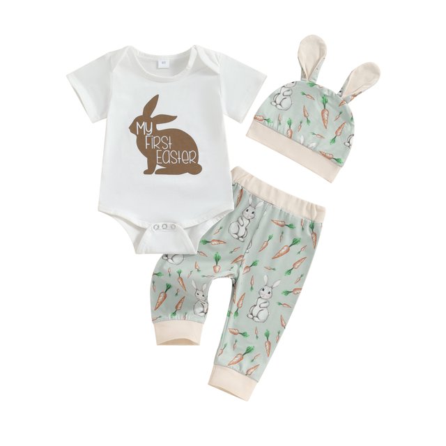 Gupgi 3Pcs Baby Boy Easter Outfits 0-18M Short Sleeve Bunny Romper + Pants + Rabbit Ears Hat
