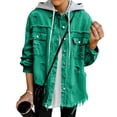 thumbnail image 5 of Women's Oversized Denim Jacket with Hood Long Sleeve Button Up Jean Jackets Frayed Hem Shacket Retro Western Boyfriend Coat, 5 of 6