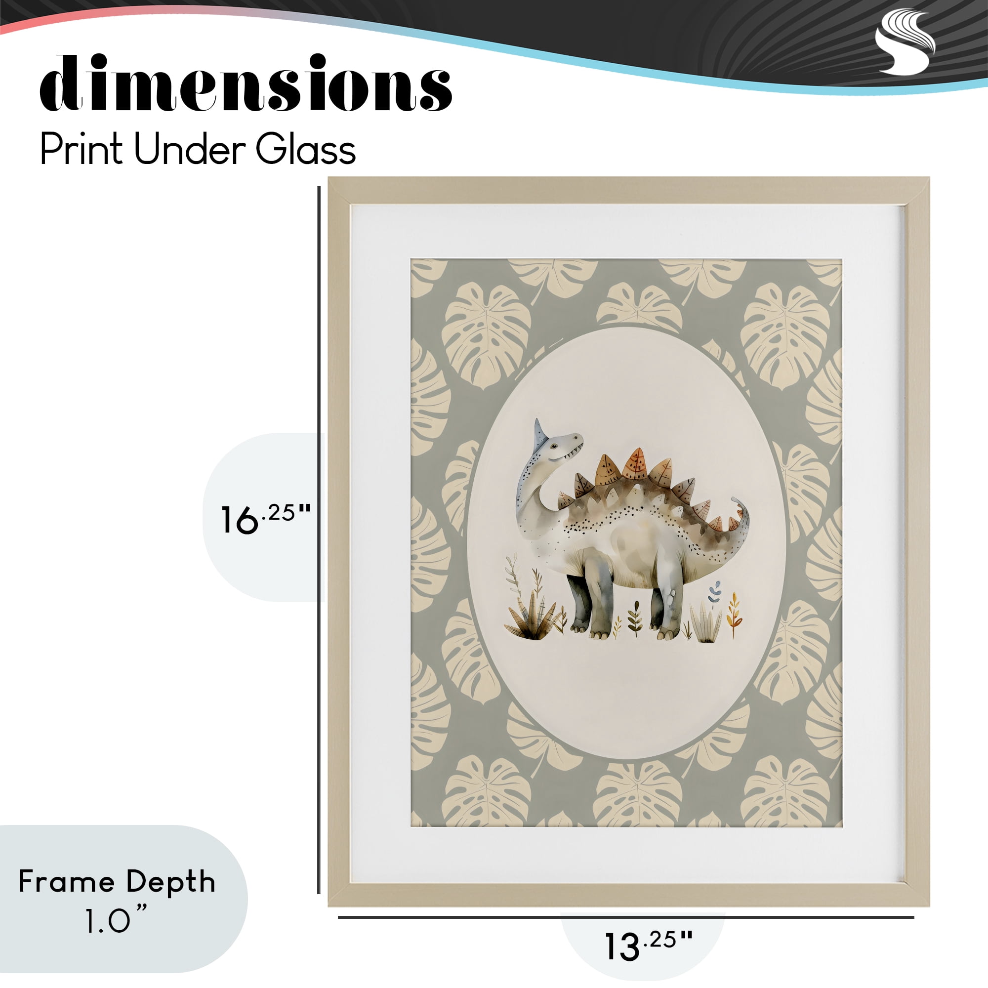 Stupell Industries Watercolor Dinosaur Monstera Border Birch Framed Print Under Glass, design by LSR Design Studio