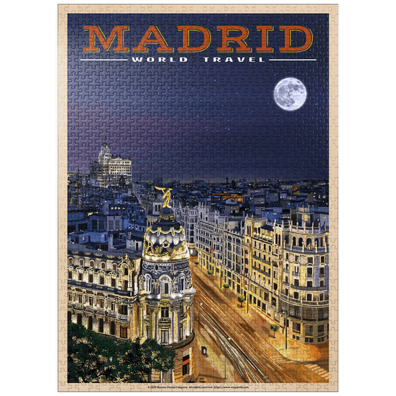 MyPuzzle - Madrid, Spain - Gran Vía By Night, Vintage Travel Poster - Premium 1000 Piece Jigsaw Puzzle for Adults
