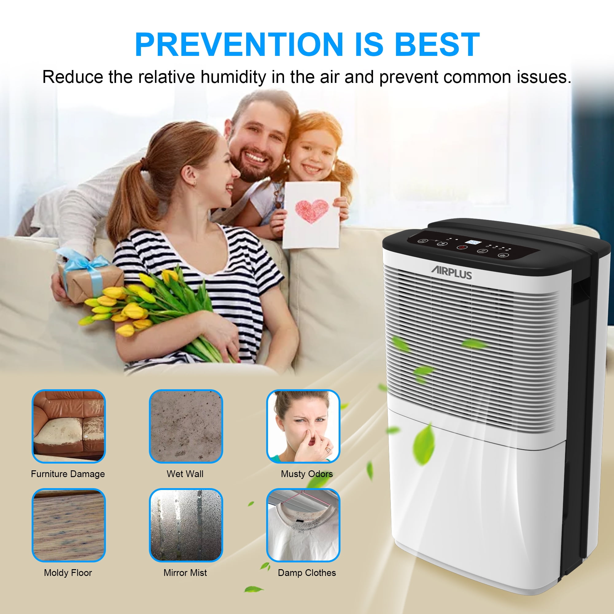 AIRPLUS 50 Pint Dehumidifier for Basements up to 3500 Sq. Ft, Dehumidifier with Drain Hose, 24Hr Timer, Auto Drainage, DOE 9.69 Pint, White