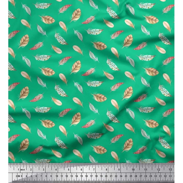Soimoi Green Rayon Fabric Artistic Feather Decor Fabric Printed Yard 56 Inch Wide