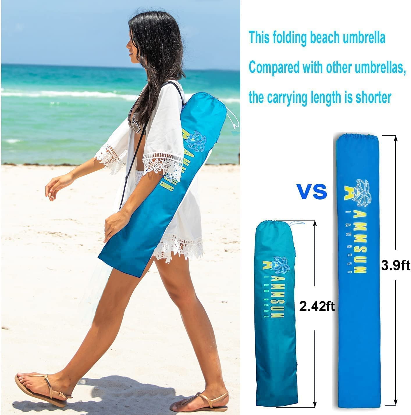 AMMSUN 6.5ft Twice Folded Portable Travel Beach Umbrella with Sand Anchor  UPF 50+ Protection,Blue 