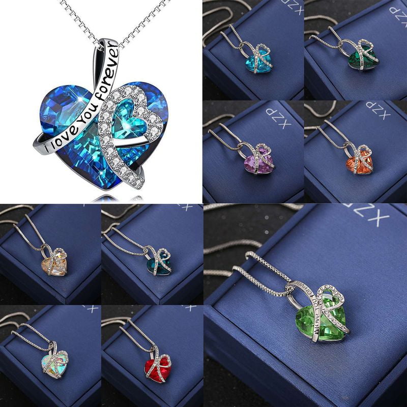 Silver cubic zirconia Crystal Pendant Necklace Chain Birthday Gift Box H14