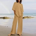 thumbnail image 2 of BiZtdJrK Womens Oversized Casual Cotton Linen Sets Comfy Breathable Beach Set Shoulder Drop Short Sleeve Tops and Pants Summer Outfits with Pockets, 2 of 6
