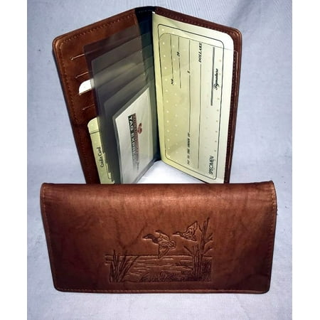 Duck Hunting Embossed Brown/Tan Leather Checkbook Cover with Gift Tin