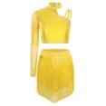 thumbnail image 3 of MSemis Women Single Sleeve Rhinestone Crop Top and Skirt Yellow M, 3 of 7