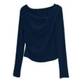 thumbnail image 4 of UJNDER Women's Autumn Long Sleeve Asymmetrical Collar Ruffle Detail Slim Fit Blouse for Daily Elegant Outfits Dark Blue Blue, 4 of 4