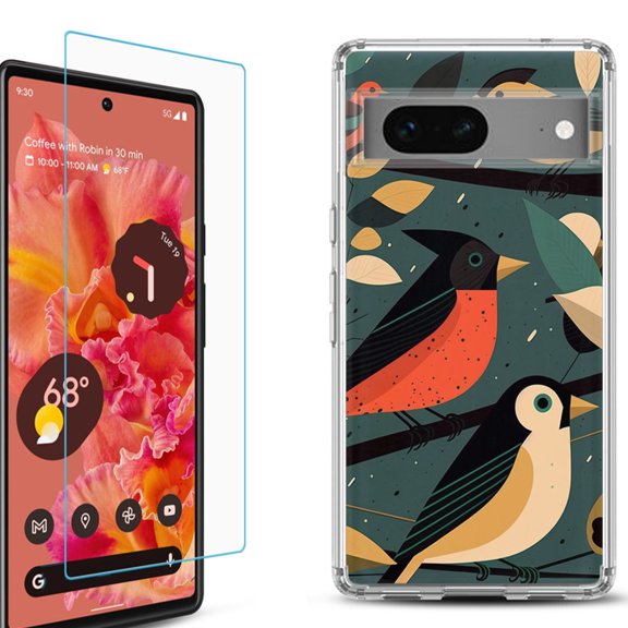 OneToughShield ® for Google Pixel 7a Shockproof Bumper Phone Case, with Tempered Glass Screen Protector - Songbird