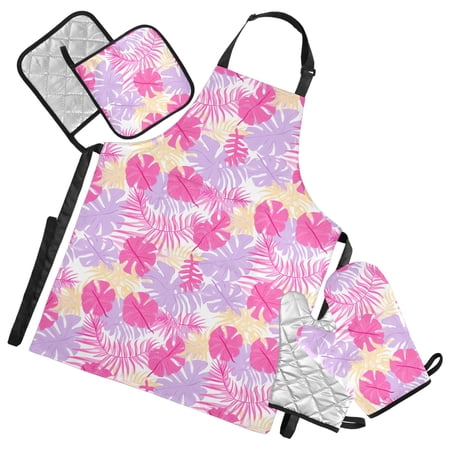 Various Leaf 5 Pcs Kitchen Set Heat Resistant Oven Mitts and Non-Slip Pot Holders with Adjustable Cooking Apron