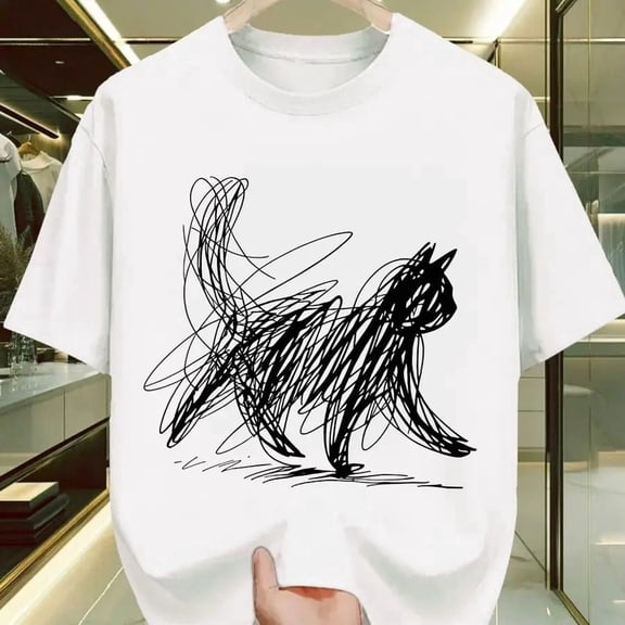 【New Arrival】Minimalist Scribble Cat Abstract Art Graphic T-Shirt, White Cotton Crew Neck Casual Cat Lover Tee