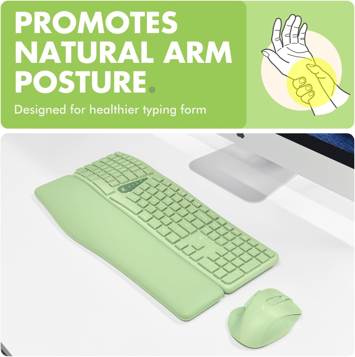 X9 Green Ergonomic Keyboard Mouse Wireless Combo - Type Comfortably Longer - 2.4G/Bluetooth Split Keyboard, Multi-Device, Soft Wrist Rest, Rechargeable, Silent Ergo Keys - Laptop, PC, Mac,iOS,Android