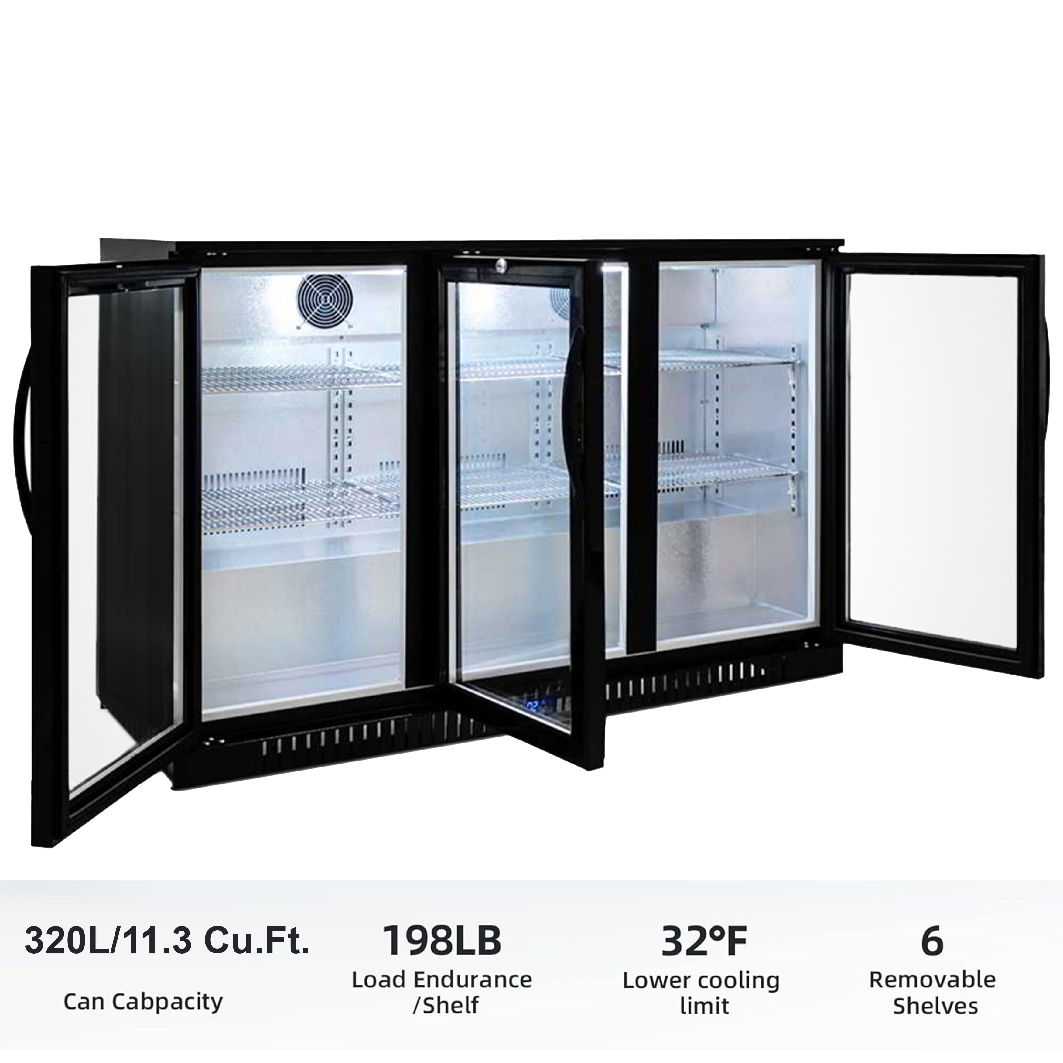 Elite Kitchen 53in Beverage Cooler, Commercial Counter Height Refrigerator, 11.3 Cu.Ft, 3 Glass Door, 441 Cans Capacity