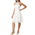 thumbnail image 4 of INSPIRE CHIC Robe Femme Dentelle Florale Col Licou Sans Manches Élégante Robe Cocktail Ligne A S Blanc, 4 of 5