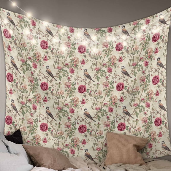Vintage Pink Botanical Tapestry for Bedroom Wall Hanging Tapestry, Spring Floral Summer Birds Ceiling Backdrop Tapestries Poster Blanket Wall Decor for Teens Room Living Room Dorm 39" x 59"