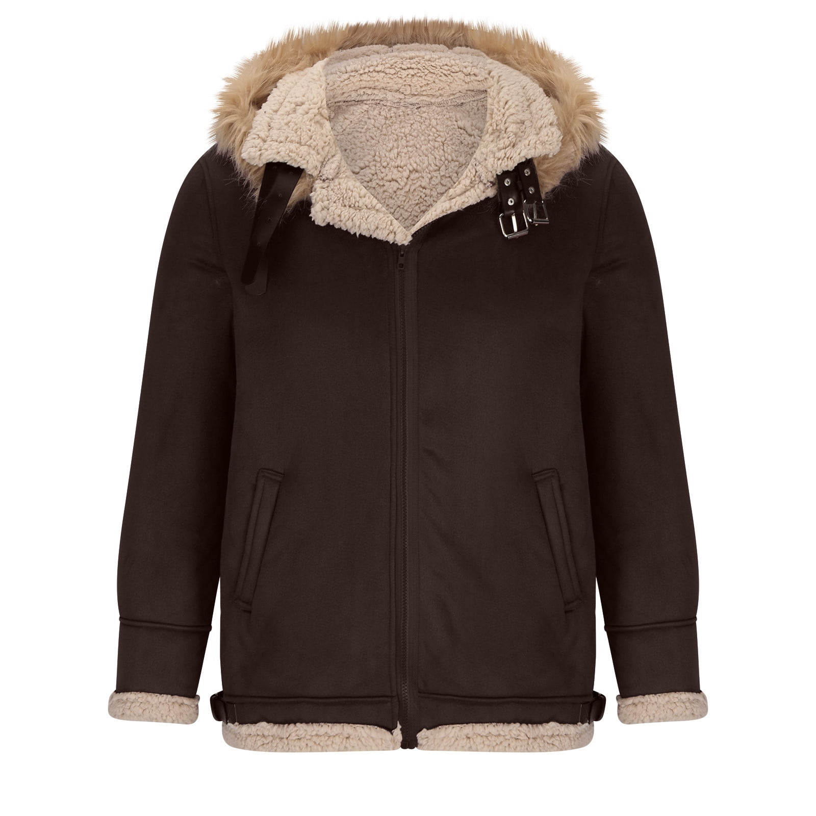 CHEEREAM Faux Leather Jacket Men Suede Faux Fur Jacket Outwear Coat with Hooded Winter Casual Sherpa Lined PU Leather Overcoat Khaki S