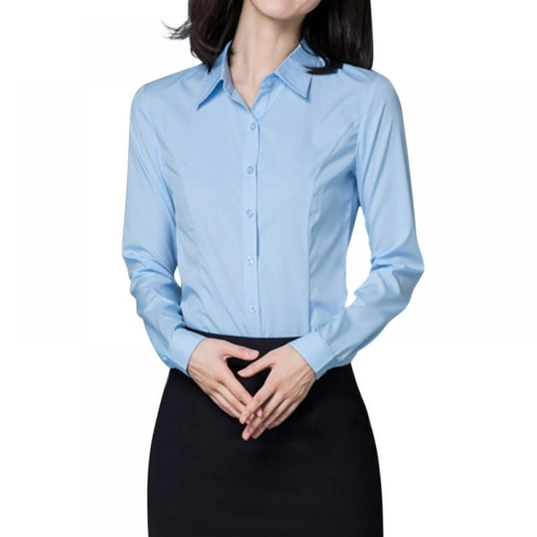 Womens Button Down Shirts Long Sleeve Regular Fit Cotton Stretch Work  Blouse at  Women’s Clothing store