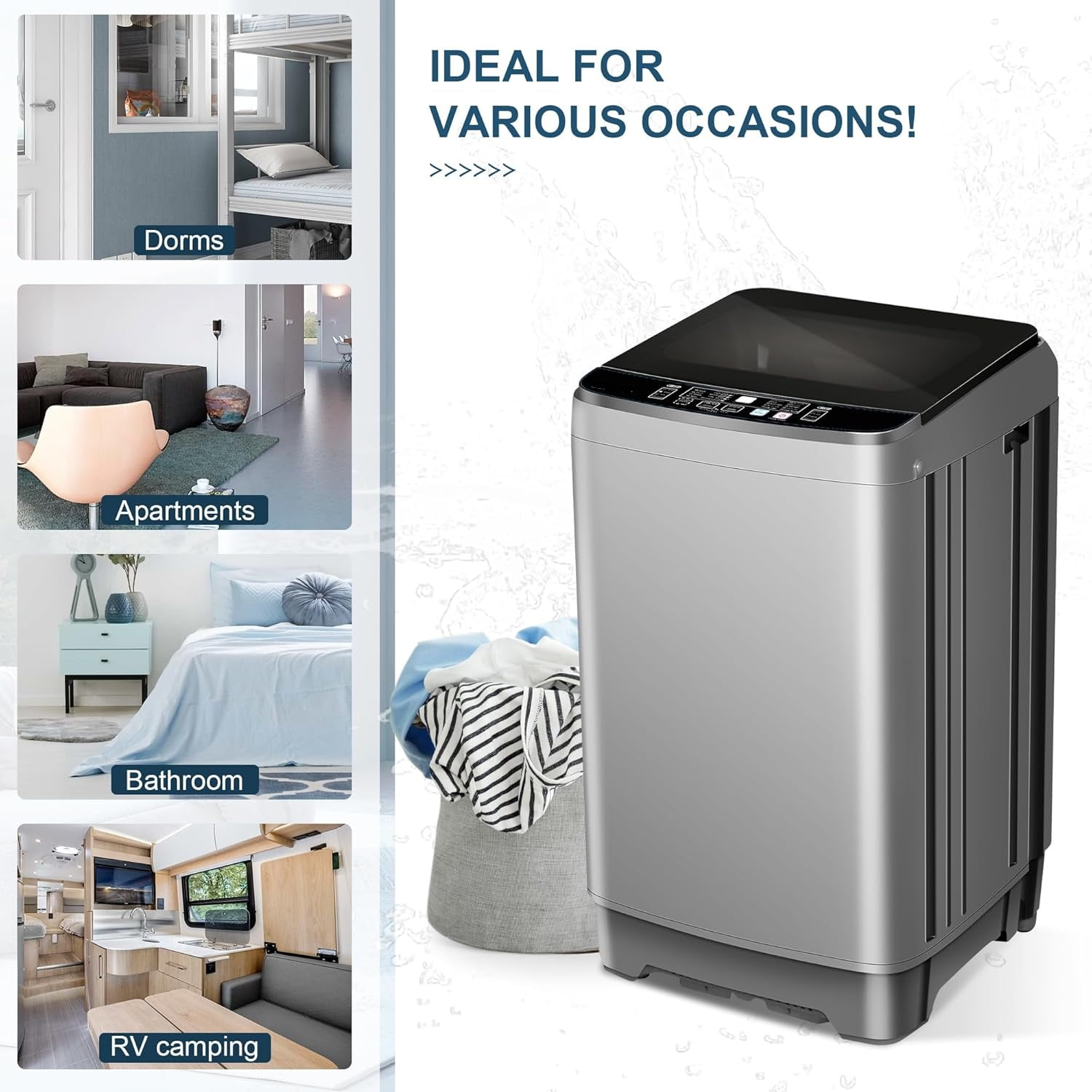 Kcpolre Portable Washing Machine, 25 lbs Full Automatic Washer with 10 Programs & 8 Water Levels, Top Load Clothes Washing Machines with LED Display for Home, Apartment, Grey