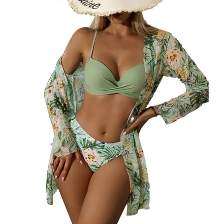 Kitem 3Pcs/Set Women Bikini Set Solid Color Sling Bra High Waist Swimming Briefs Floral Print Cover-up Set Summer Beachwear Bathing Suit (Light Green XL)